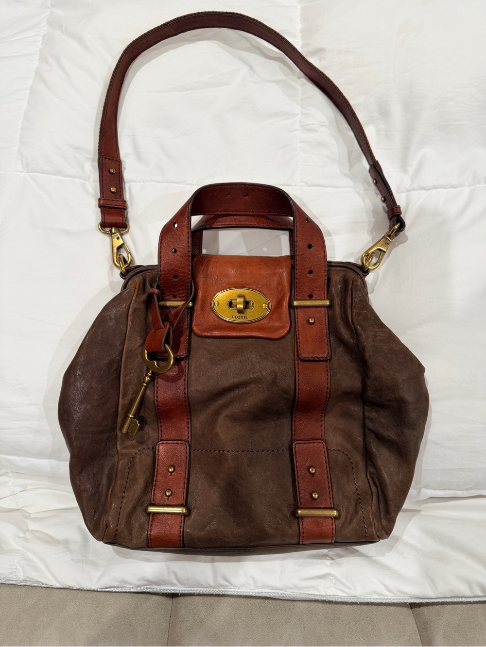 Fossil Two-Tone Brown Leather Shoulder Bag with Chestnut Trim